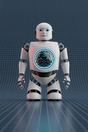 A futuristic robot stands confidently against a digital backdrop, embodying cutting edge artificial intelligence.の素材