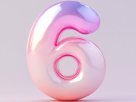 A vibrant number six in a glossy, iridescent style stands alone in a soft, minimalist background, reflecting light beautifully.の素材
