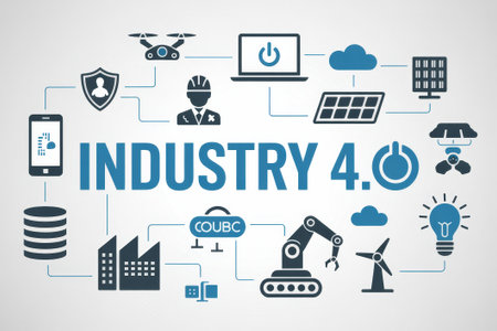 Digital artwork featuring various symbols of Industry 4.0, showcasing smart factories, automation, connected devices, and renewable energy solutions.の素材