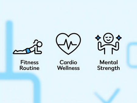 The essence of wellness with icons representing fitness routines, cardiac health, and mental strength, all set against a soothing backdrop.の素材