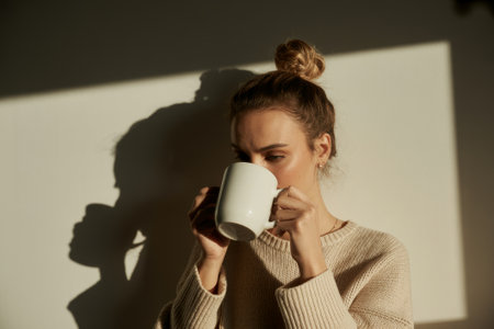 Inside a cozy space, a young woman savors her beverage, lost in thought. Soft shadows dance around her, creating an intimate atmosphere and capturing the warmth of the moment.の素材