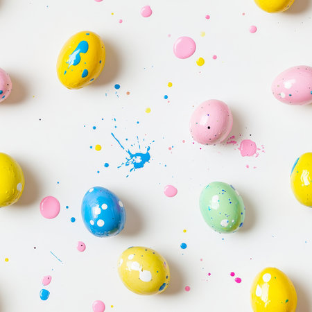 Colorful Easter eggs in various designs are artfully scattered on a white surface, celebrating the joy and creativity of the holiday.の素材