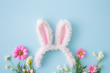 Bunny ears surrounded by vibrant flowers grace a soft blue background, embodying a cheerful Easter theme with a touch of elegance.の素材