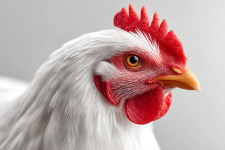 Admire the intricate details of a vibrant chicken head, showcasing its features through exceptional lighting and texture on a clean background.の素材