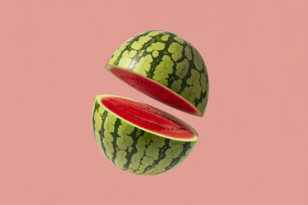 Juicy watermelon halves float in mid air against a soft pink backdrop. The bright green rind contrasts beautifully with the deep red flesh, evoking a sense of freshness and summer joy.の素材