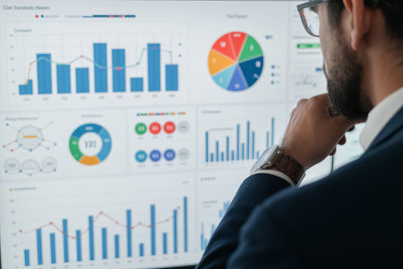 Focused individual studies various graphs and charts displayed on a digital dashboard during a business meeting in an office environment.の素材