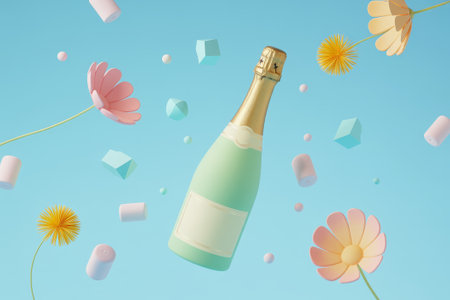 Floating against a bright blue backdrop, a mint green champagne bottle is surrounded by playful flowers and vibrant geometric shapes, evoking joy.の素材