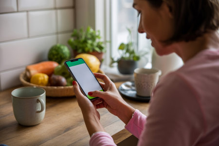 Bright kitchen filled with fresh produce as a woman uses a smartphone to explore healthy recipes and stay connected.の素材