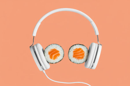 A pair of headphones surrounds two sushi rolls with salmon filling on a vibrant orange background, showcasing an artistic convergence of cuisine and music.の素材