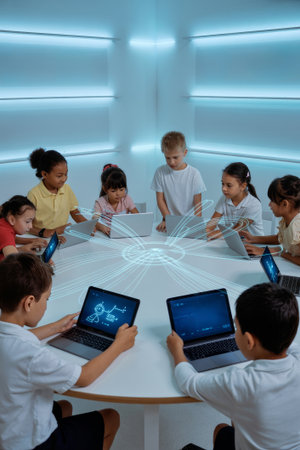 Children gather around a bright, modern table, focused on their laptops while participating in an interactive learning experience together.の素材