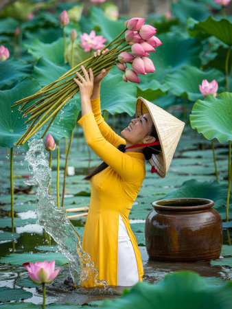 A woman dressed in bright traditional clothing stands in water, joyfully holding a bouquet of lotus flowers above her head while droplets splash around her.の素材