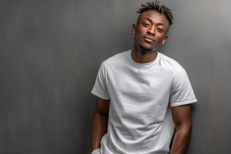 Portrait captures a relaxed individual in a white tee, embracing contemporary streetwear against a soft gray backdrop that enhances their style.の素材
