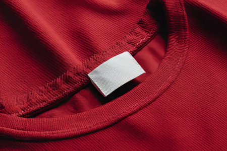 A close-up of the neckline of a red garment showcases its soft texture and unfinished label, highlighting possibilities for personalization or brand identification.の素材