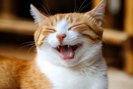 This delightful orange and white cat bursts into laughter with its eyes shut tight, radiating joy in a warm, inviting atmosphere.の素材