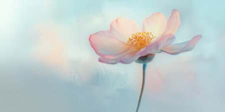 A single, gentle flower radiates beauty in soft focus, inviting interpretation in a serene pastel environment.の素材