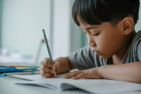 A child diligently writes in a notebook while seated at a study table. Natural light floods the room, creating a calm and productive atmosphere for learning.の素材