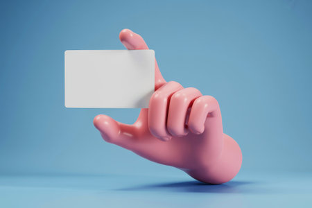 A whimsical pink hand extends outward, showcasing a blank card against a tranquil blue background, evoking curiosity and creativity.の素材