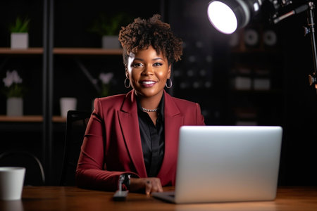 Young African american woman creating online internet video channel, created with generative AIの素材