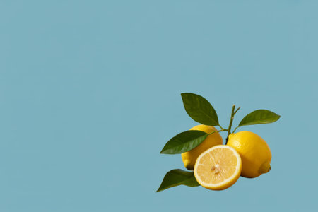 Bright yellow lemons with lush green leaves rest elegantly against a calming blue backdrop, emphasizing freshness and inviting a sense of summer warmth and vitality.の素材
