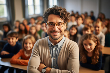 Teacher with his arms crossed in front of a group of pupils in the classroom created with generative AI technologyの素材