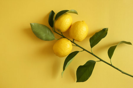 Bright yellow lemons with green leaves are artfully placed on a matching yellow background. This simple arrangement adds a fresh and cheerful vibe to any space.の素材