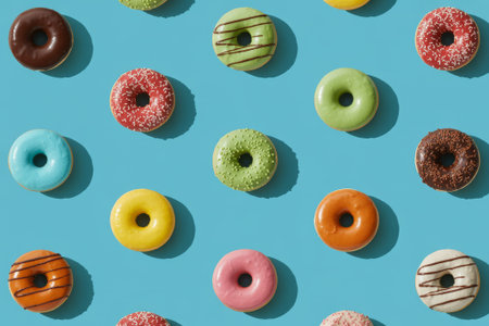 Brightly colored donuts in various flavors are neatly arranged on a vibrant blue background. Each donut showcases unique toppings and designs, perfect for a fun snack.の素材