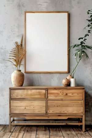 A wooden cabinet stands before a concrete wall, flanked by vases, under an inviting blank canvas.の素材