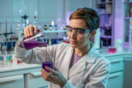 In a lab, a focused scientist pours vivid purple paint into a beaker, showcasing her expertise among various instruments.の素材