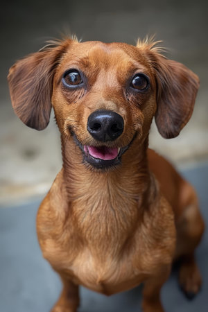 Charming dachshund with an eager expression sits calmly, its shiny coat gleaming as it posesの素材