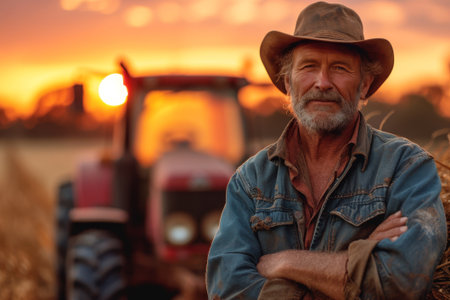 Captured against the backdrop of a vivid sunset, this image radiates the serene satisfaction of a farmer at the close of a fruitful day on the fieldsの素材