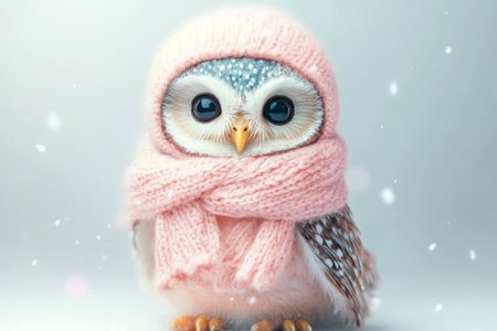 A charming owl, dressed warmly in a pink scarf and hat, enjoys a serene moment amidst gentle winter snowfall.の素材