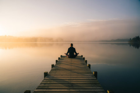 A person practices meditation on a wooden dock as the sun rises, casting warm light over the calm water and misty landscape, creating a peaceful atmosphere.の素材