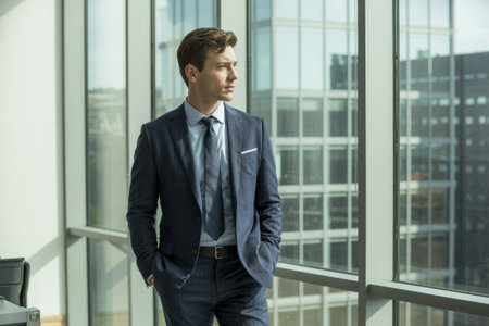 A young man in a tailored suit stands by a large window in a sleek office. He gazes out at the city skyline, deep in thought, during the daytime, showcasing a professional atmosphere.の素材