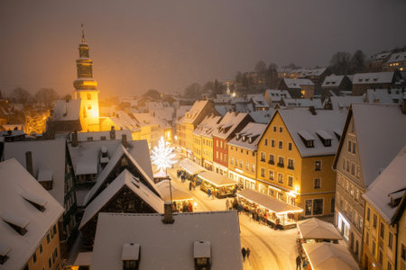 Snow covered rooftops gleam under soft lights as villagers gather, celebrating winter festivities in a picturesque European village.の素材