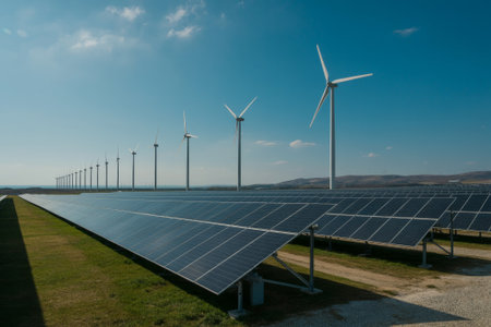 Solar panels and wind turbines are displayed in a wide field under a clear blue sky. This renewable energy setup highlights the sustainable power generation efforts in the area.の素材