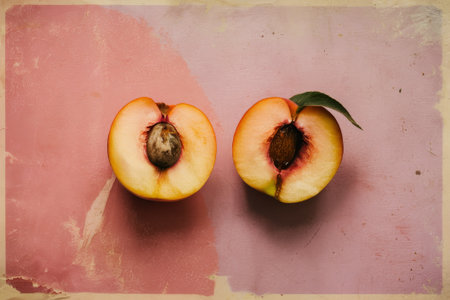 Two peach halves are displayed on a soft pastel surface, showcasing their juicy flesh and a central seed. A green leaf adds a touch of freshness to the composition.の素材
