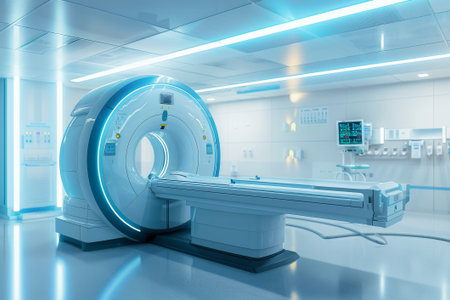 A high-tech MRI scanner stands ready in a sterile hospital hallway, blending precision with the promise of care.の素材