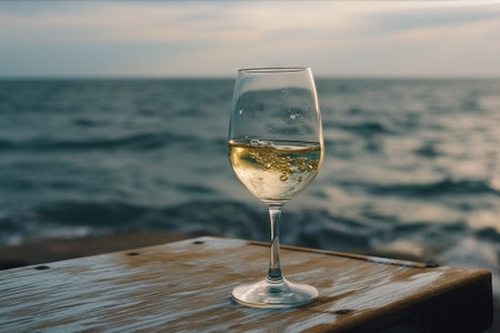 Glass of white wine on the seaside, created with generative AIの素材