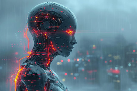 Sophisticated android with glowing red circuits stands in contemplation, gazing out at the blurred city skyline under the tranquil ambiance of a dusky eveningの素材