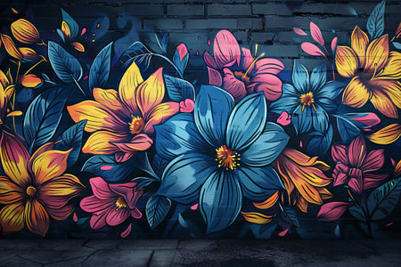 Mural showcases large, colorful flowers in blue, yellow, and pink, creatively painted in a graffiti style against a dark urban backdropの素材