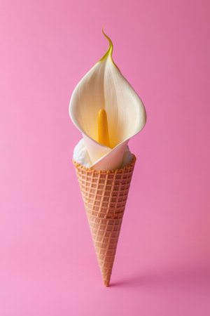 Delicate white calla lily blooms exquisitely from an ice cream cone, offering a refreshing touch of nature against a pastel pink background.の素材