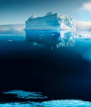 A serene view of a vast iceberg adrift in the Antarctic, symbolizing the beauty and fragility of our planet.の素材