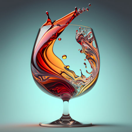 The glossy glass showcases a stunning swirl of red wine, highlighting the vibrant colors and dynamic movement in an artistic display.の素材