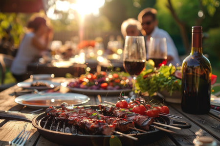 Table laden with BBQ meats and salads, with friends laughing in the background.の素材