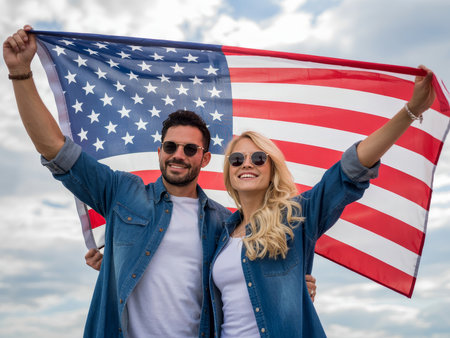 A cheerful couple stands outdoors, joyfully holding a large American flag. They wear sunglasses and denim outfits, embracing a spirit of patriotism against a cloudy sky.の素材