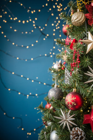 A colorful Christmas tree filled with shiny ornaments and festive lights stands against a blue wall. The scene captures the joy and warmth of the holiday season, inviting celebration.の素材