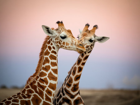 Two giraffes engage in a tender display of affection against a soft pastel background at sunset. The serene scene captures a beautiful connection in their natural habitat.の素材