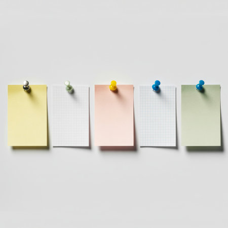 Brightly colored sticky notes are pinned to a sleek, white wall, showcasing an organized and creative workspace vibe at midday.の素材