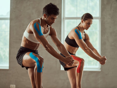 A fit couple is engaged in a workout session in a well-lit gym. They are focused on their forms while performing exercises. Their commitment to fitness is evident through their dedication.の素材