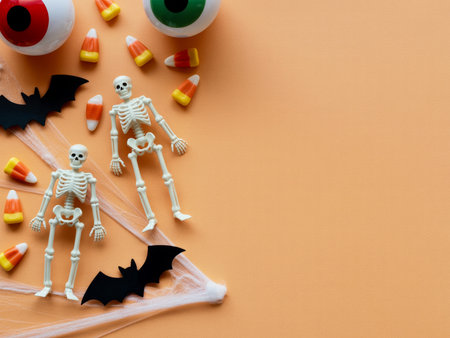 Two small skeletons rest among black bats, candy corn, and eerie eyeballs on an orange surface. This festive setup captures the spirit of Halloween, perfect for holiday celebrations.の素材